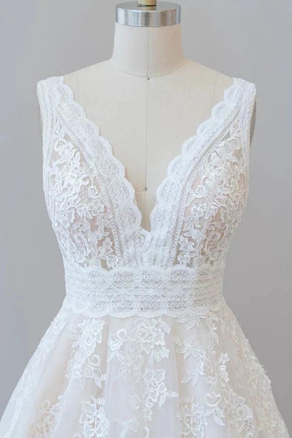 Elegant Long A-line V-neck Appliques Lace Tulle Backless Wedding Dress by BIZTUNNEL