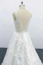 Elegant Long A-line V-neck Appliques Lace Tulle Backless Wedding Dress by BIZTUNNEL