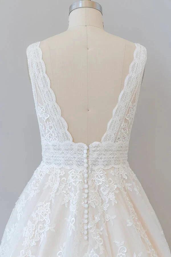 Elegant Long A-line V-neck Appliques Lace Tulle Backless Wedding Dress by BIZTUNNEL
