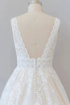 Elegant Long A-line V-neck Appliques Lace Tulle Backless Wedding Dress by BIZTUNNEL