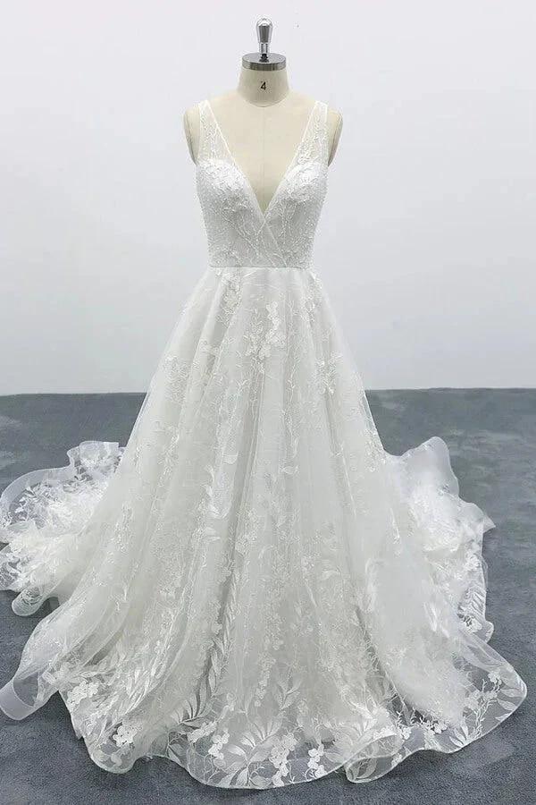 Elegant Long A-line V-neck Appliques Lace Tulle Backless Wedding Dress by BIZTUNNEL