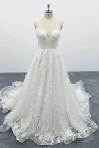 Elegant Long A-line V-neck Appliques Lace Tulle Backless Wedding Dress by BIZTUNNEL