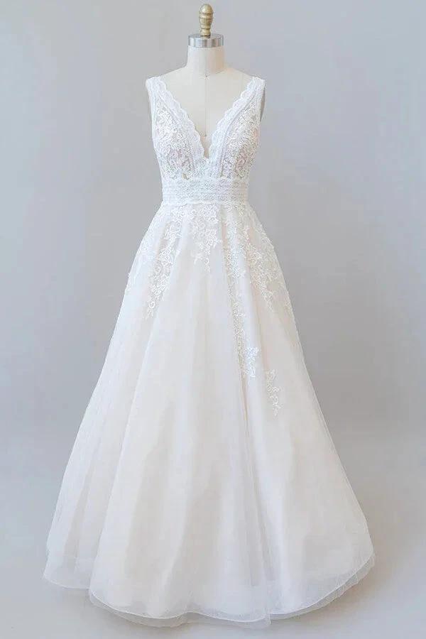 Elegant Long A-line V-neck Appliques Lace Tulle Backless Wedding Dress by BIZTUNNEL
