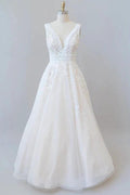 Elegant Long A-line V-neck Appliques Lace Tulle Backless Wedding Dress by BIZTUNNEL