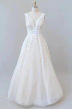 Elegant Long A-line V-neck Appliques Lace Tulle Backless Wedding Dress by BIZTUNNEL