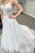 Elegant Long A-line V-neck Appliques Lace Tulle Backless Wedding Dress by BIZTUNNEL