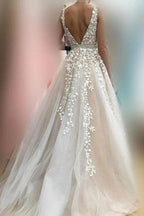 Elegant Long A line V neck Appliques Lace Tulle Wedding Dress by BIZTUNNEL