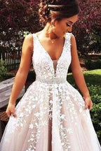Elegant Long A line V neck Appliques Lace Tulle Wedding Dress by BIZTUNNEL