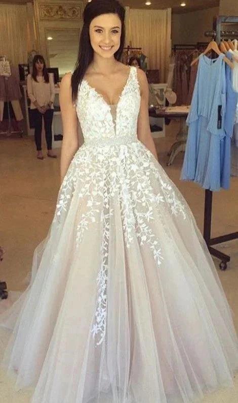 Elegant Long A line V neck Appliques Lace Tulle Wedding Dress by BIZTUNNEL