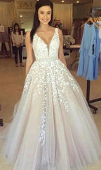 Elegant Long A line V neck Appliques Lace Tulle Wedding Dress by BIZTUNNEL