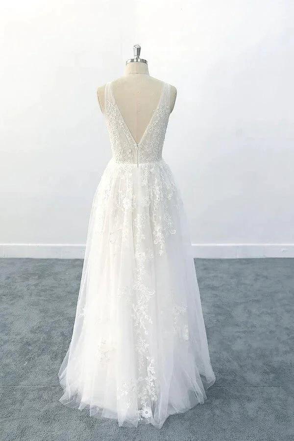 Elegant Long A-line V-neck Appliques Tulle Backless Wedding Dress by BIZTUNNEL