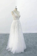 Elegant Long A-line V-neck Appliques Tulle Backless Wedding Dress by BIZTUNNEL