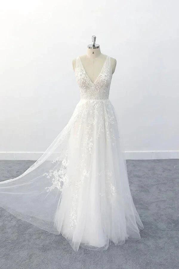 Elegant Long A-line V-neck Appliques Tulle Backless Wedding Dress by BIZTUNNEL