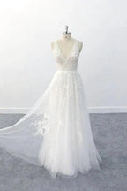 Elegant Long A-line V-neck Appliques Tulle Backless Wedding Dress by BIZTUNNEL