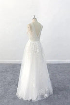 Elegant Long A-line V-neck Appliques Tulle Backless Wedding Dress by BIZTUNNEL