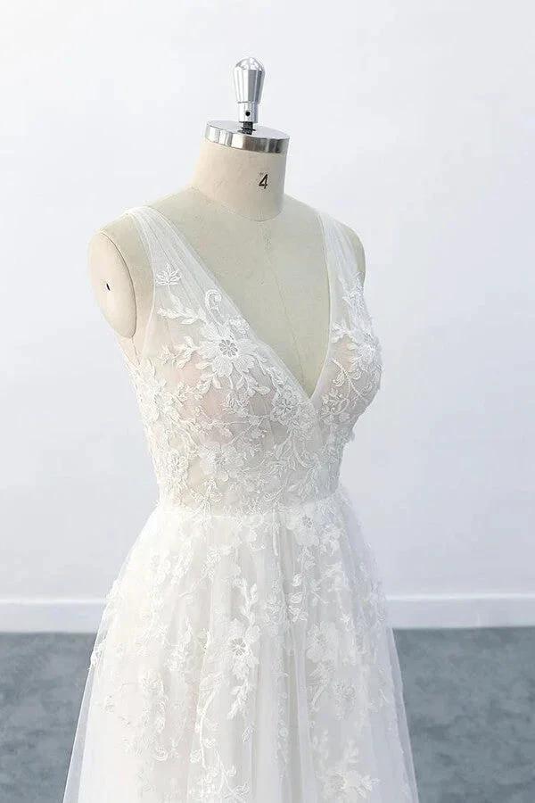 Elegant Long A-line V-neck Appliques Tulle Backless Wedding Dress by BIZTUNNEL