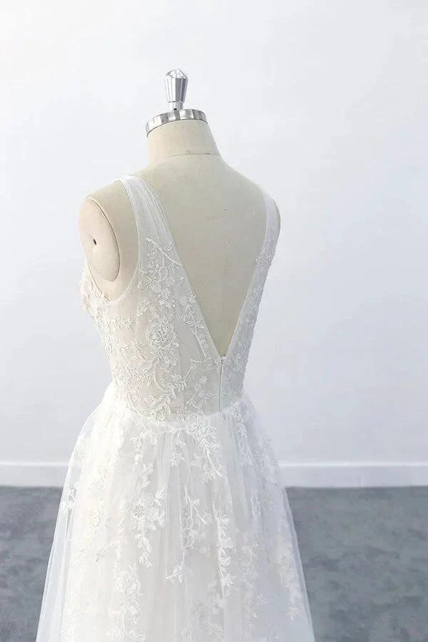 Elegant Long A-line V-neck Appliques Tulle Backless Wedding Dress by BIZTUNNEL