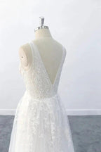 Elegant Long A-line V-neck Appliques Tulle Backless Wedding Dress by BIZTUNNEL