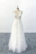 Elegant Long A-line V-neck Appliques Tulle Backless Wedding Dress by BIZTUNNEL