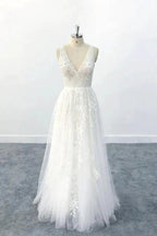 Elegant Long A-line V-neck Appliques Tulle Backless Wedding Dress by BIZTUNNEL