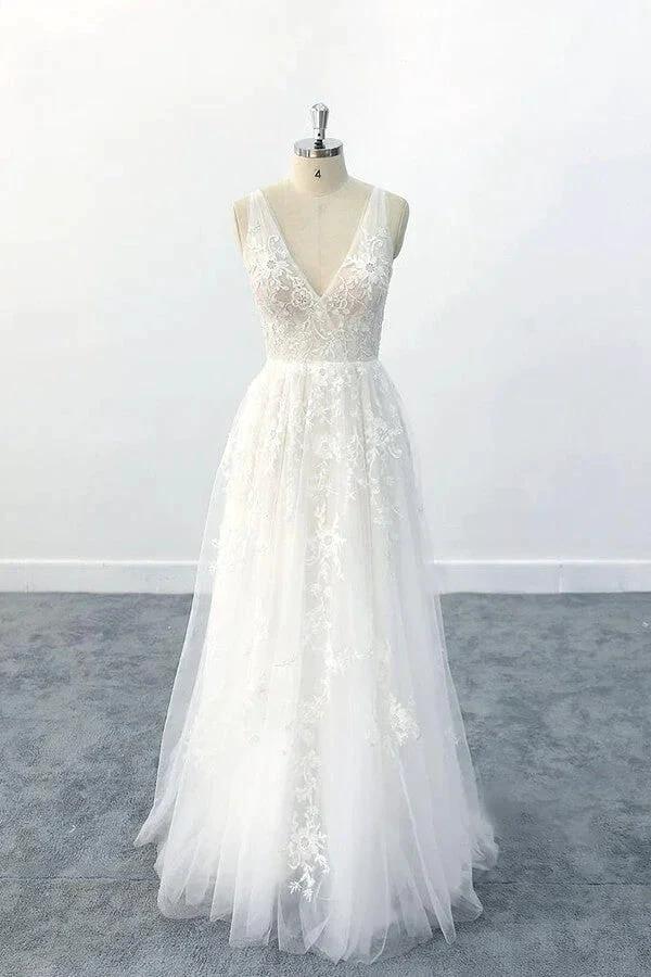 Elegant Long A-line V-neck Appliques Tulle Backless Wedding Dress by BIZTUNNEL