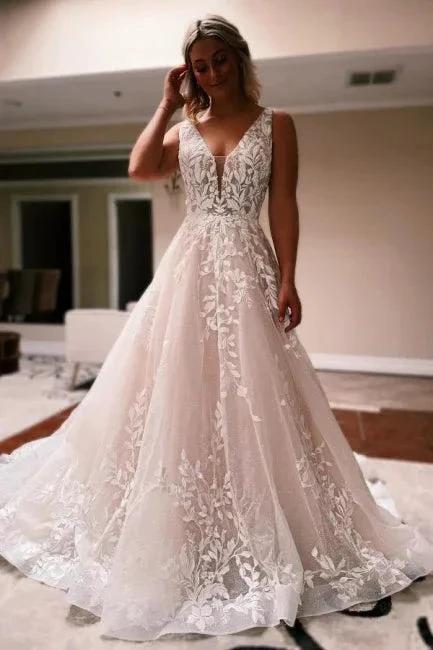Elegant Long A-line V-neck Backless Lace Glitter Sleeveless Wedding Dresses by misshow.com