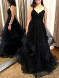 Elegant Long A Line V Neck Backless Long Prom Dresses Black Formal Evening Gowns by BIZTUNNEL