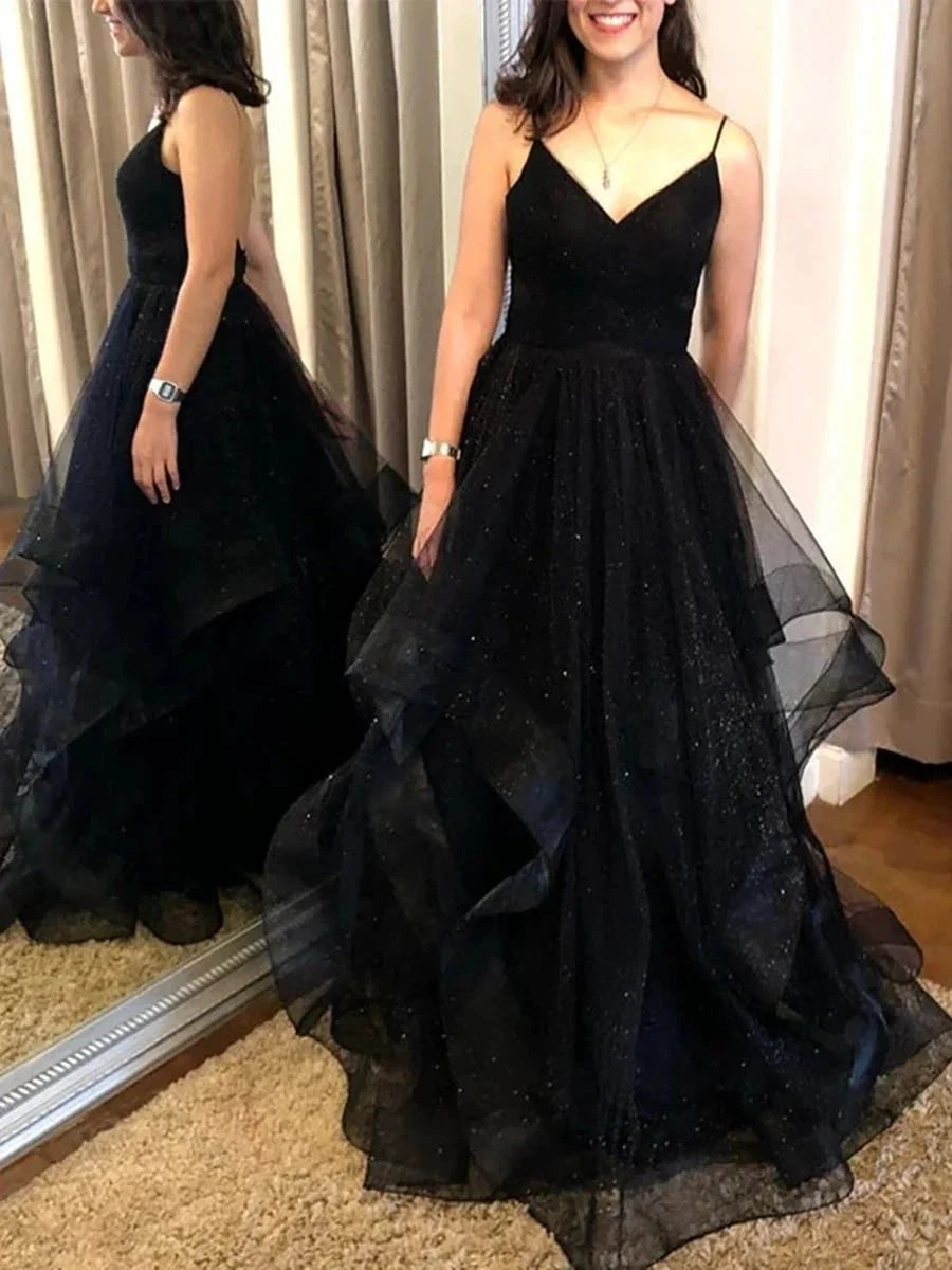 Elegant Long A Line V Neck Backless Long Prom Dresses Black Formal Evening Gowns by BIZTUNNEL