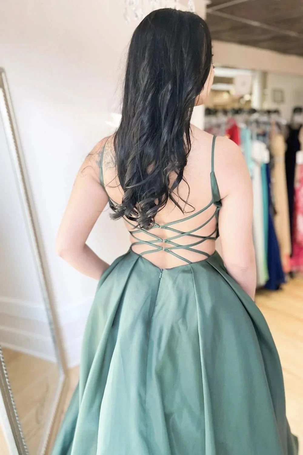Elegant Long A Line V Neck Backless Satin Formal Prom Dresses by BIZTUNNEL