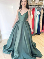 Elegant Long A Line V Neck Backless Satin Formal Prom Dresses by BIZTUNNEL