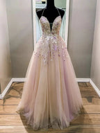 Elegant Long A Line V Neck Backless Tulle Lace Evening Formal Prom Dresses (ZD02917)