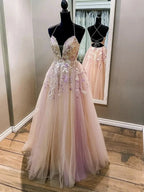 Elegant Long A Line V Neck Backless Tulle Lace Evening Formal Prom Dresses (ZD02917)