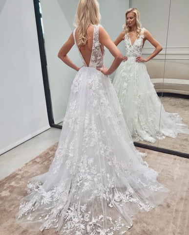 Elegant Long A-line V-neck Backless Tulle Lace Wedding Dress