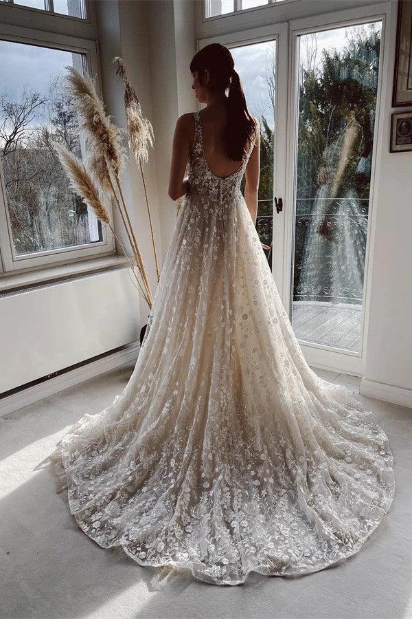 Elegant Long A-line V-neck Backless Tulle Lace Wedding Dresses by BIZTUNNEL