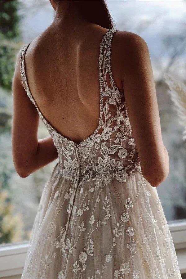 Elegant Long A-line V-neck Backless Tulle Lace Wedding Dresses by BIZTUNNEL