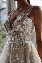 Elegant Long A-line V-neck Backless Tulle Lace Wedding Dresses by BIZTUNNEL
