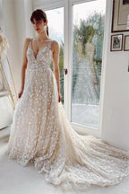 Elegant Long A-line V-neck Backless Tulle Lace Wedding Dresses by BIZTUNNEL
