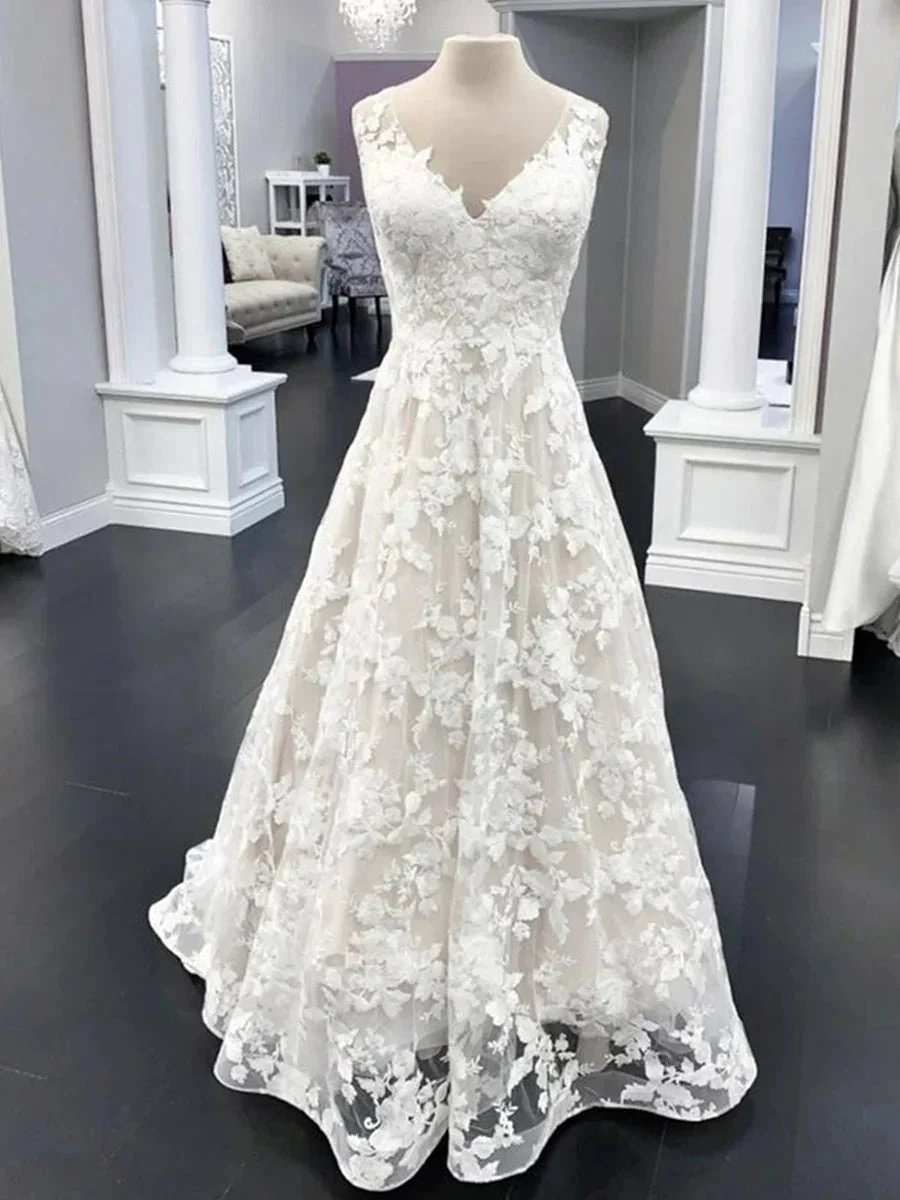 Elegant Long A Line V Neck Floral Lace Wedding Dresses by BIZTUNNEL