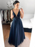 Elegant Long A-line V neck Lace Prom Formal Evening Dresses by BIZTUNNEL