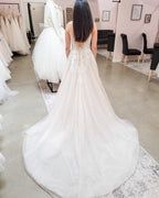 Elegant Long A-line V-neck Lace Tulle Backless Wedding Dresses by BIZTUNNEL