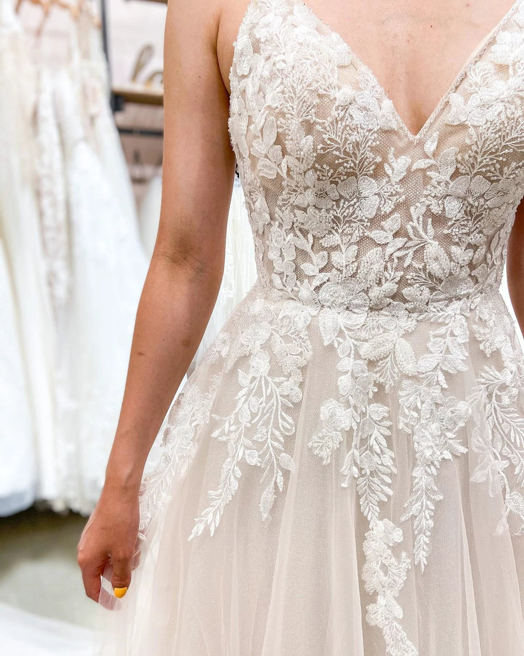 Elegant Long A-line V-neck Lace Tulle Backless Wedding Dresses by BIZTUNNEL