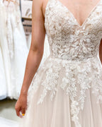 Elegant Long A-line V-neck Lace Tulle Backless Wedding Dresses by BIZTUNNEL