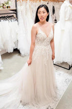 Elegant Long A-line V-neck Lace Tulle Backless Wedding Dresses by BIZTUNNEL