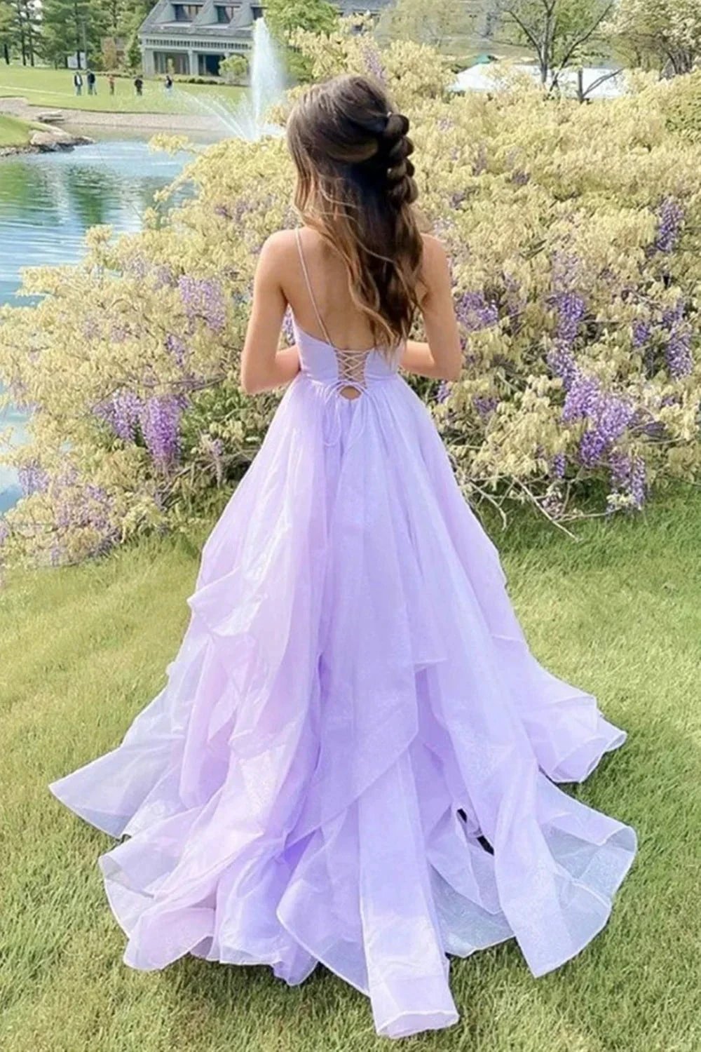 Elegant Long A-line V-neck Open Back Graduation Prom Dresses by BIZTUNNEL