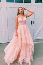Elegant Long A-line V-neck Open Back Graduation Prom Dresses by BIZTUNNEL