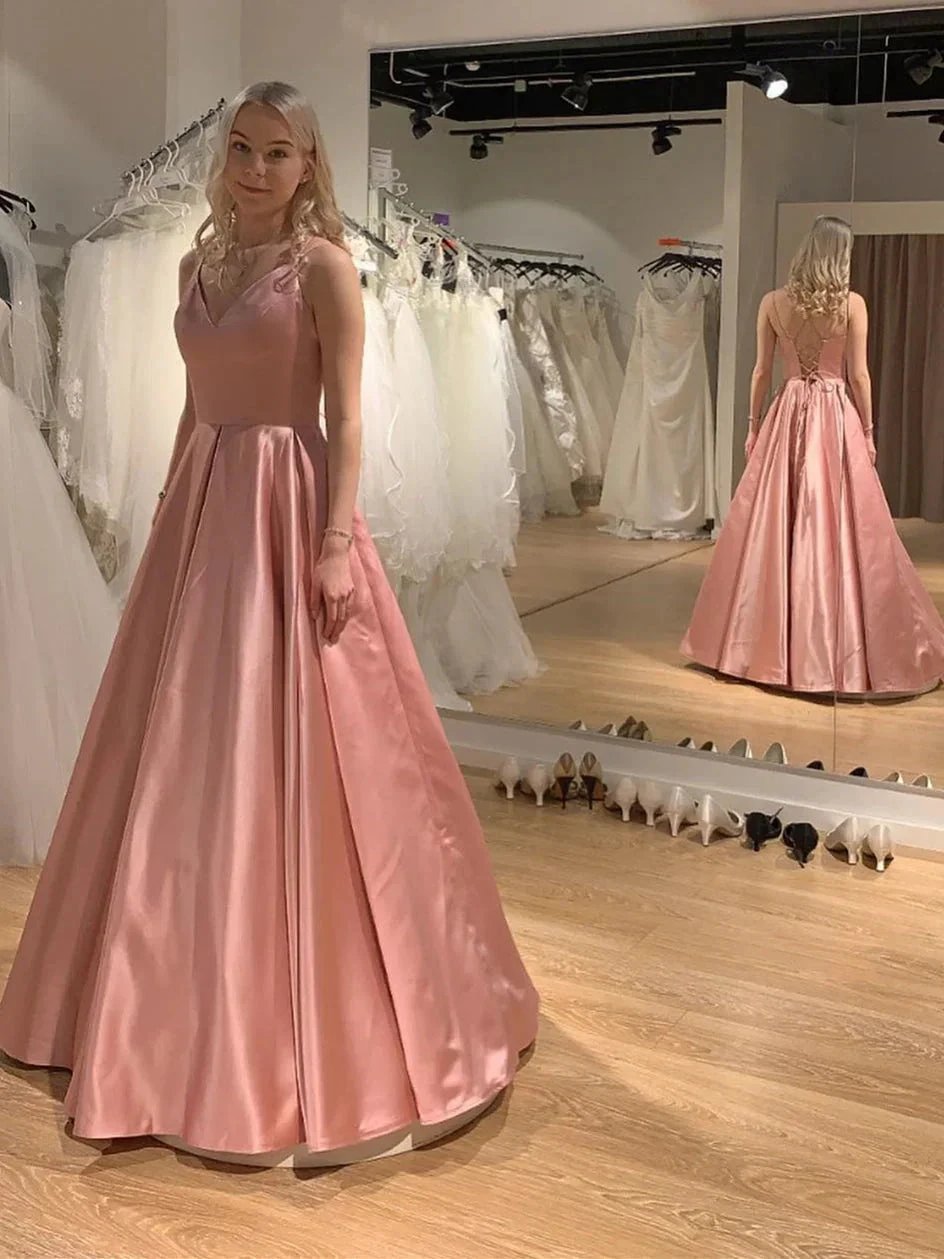 Elegant Long A-line V-neck Satin Backless Graduation Prom Dresses by BIZTUNNEL