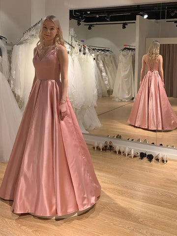 Elegante vestido de graduación largo de satén con escote en V y espalda descubierta