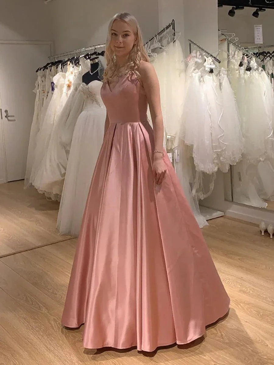 Elegant Long A-line V-neck Satin Backless Graduation Prom Dresses by BIZTUNNEL