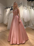 Elegant Long A-line V-neck Satin Backless Graduation Prom Dresses by BIZTUNNEL