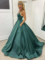 Elegant Long A Line V Neck Satin Open Back Formal Graduation Prom Dresses with Pockets by BIZTUNNEL